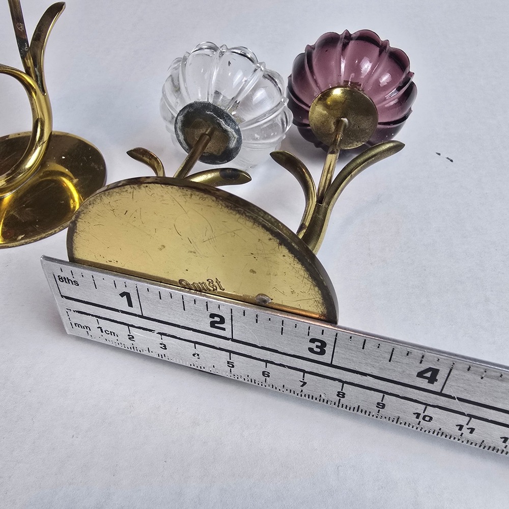 MCM Swedish Gunnar Ander Ystad Metall Brass Art Glass Flower Candle Holders Pair - Picture 9 of 9